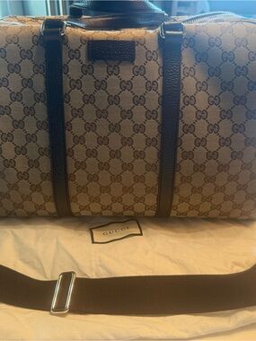 Gucci Beige Brown GG Supreme Travel Duffel with Dark Brown Trim
